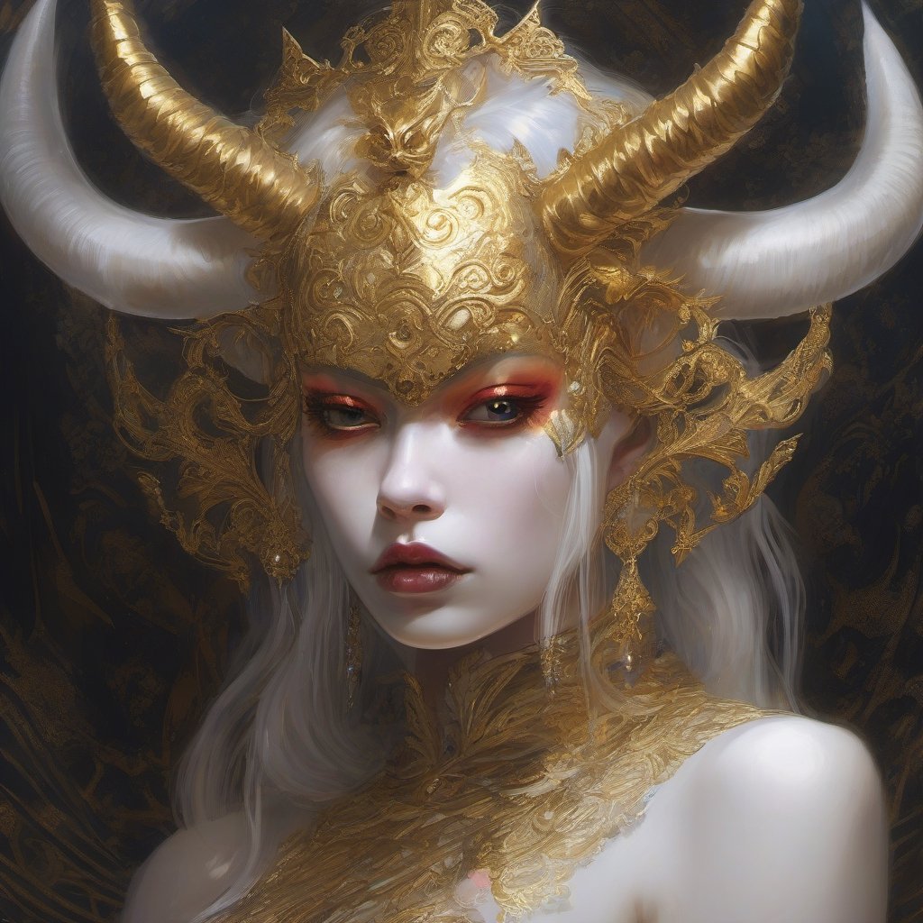 1girl,.albino demon little queen, (long intricate horns), a sister clad in gothic punk attire, face concealed behind a striking masquerade,Gold Embroidery,mask,themed,white_aesthetics,photorealistic,Masterpiece,Realistic,dark fantasy,Chromaspots,glowing gold,SelectiveColorStyle