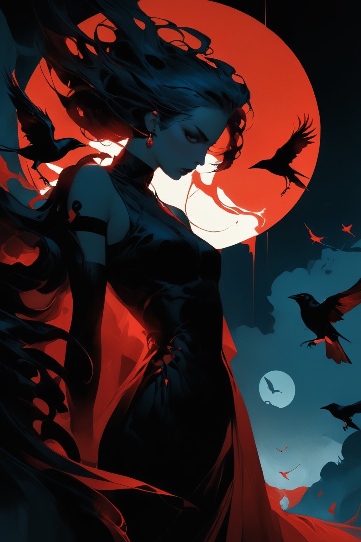 a woman standing in front of a full moon, digital art, Artstation, gothic art, crows as a symbol of death, artgerm and james jean, metal album cover art, 2d art cover, avatar image, joshua middleton comic art, light red and deep blue mood, beautiful depiction,anx13ty_style,twisted_thoughts,ct-niji2