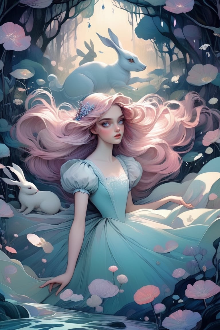 Pastel colors palette, bathed in dreamy soft pastel hues, || Bold illustration, charlie bowater and Gediminas Pranckevicius and victo ngai, surreal fantasy illustration, realistic proportions, complex composition, linework, decorative elements, vector painting, highly detailed, digital illustration, artstation, beautiful, wholesome, nostalgia, high quality || "alice in wonderland by arthur rackham, following the white rabbit, flying cards, falling into wonderland" | impossible dream, pastelpunk aesthetic fantasycore art, vibrant soft pastel colors,eyes shoot,more detail XL,niji style