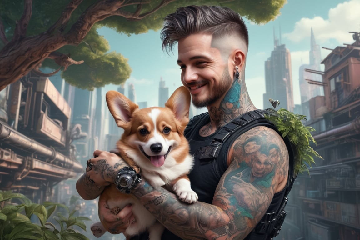 Detailed illustration of a tattooed cyberpunk man holding a corgi puppy in his arms, next to a smiling woman, laying on a branch, very highly detailed, intricate, magnificent, imaginative, full scene, fantasy concept art, 8k resolution, hyperdetailed matte painting
