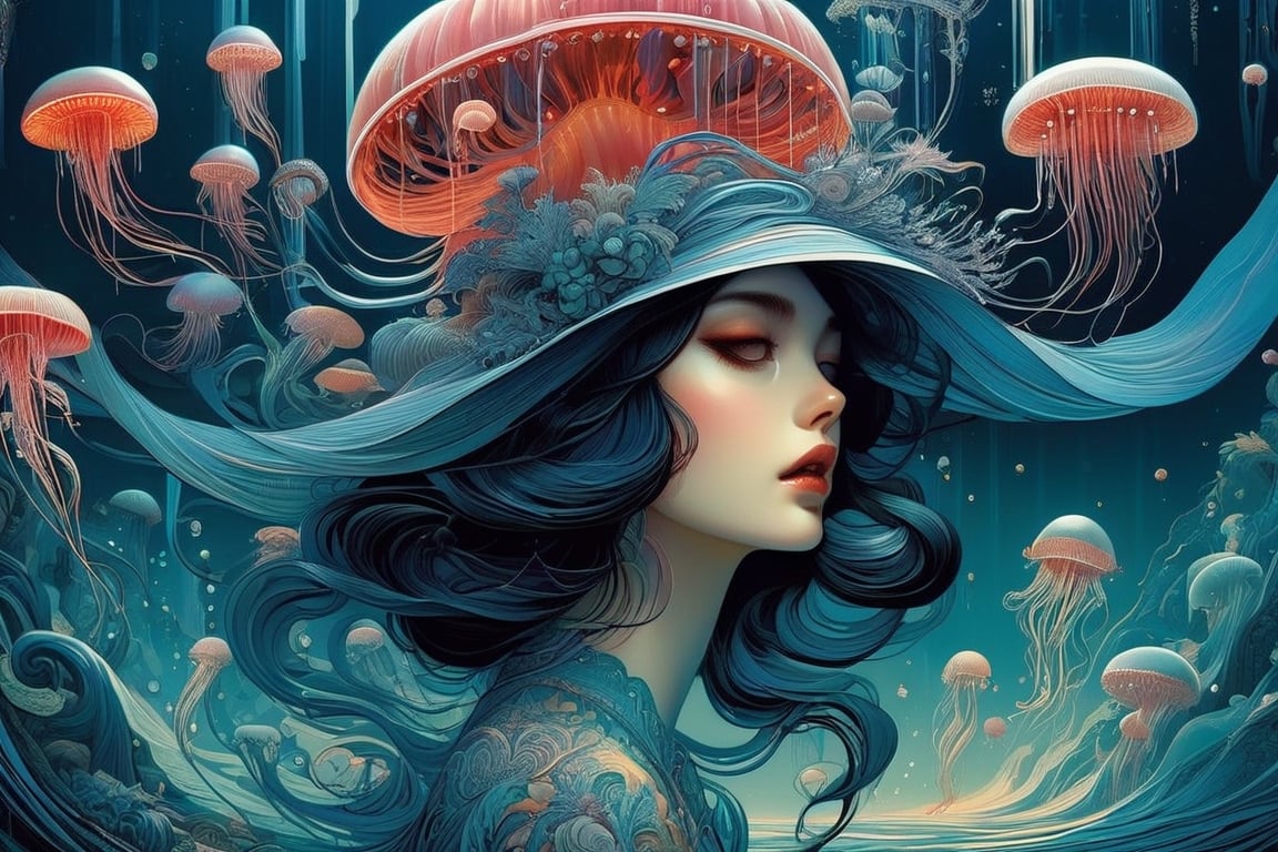 pop surrealism comic art of a woman wearing a jellyfish as a hat, underwater, beautiful illustration by yoshitaka amano, dan mumford, Nicolas delort, jeff koons, photorealism, crisp, UHD, fantasy, gorgeous linework, inspired by James jean, a complex and intricate masterpiece, cel-shaded, clean and sharp, low brow art, juxtapoz Magazine, pixiv contest winner, bold flowing lines, the art of animation, stylized, flowing, detailed heavy lined line art style, illustrative storybook painting, cel-shading, flowing lines,Decora_SWstyle