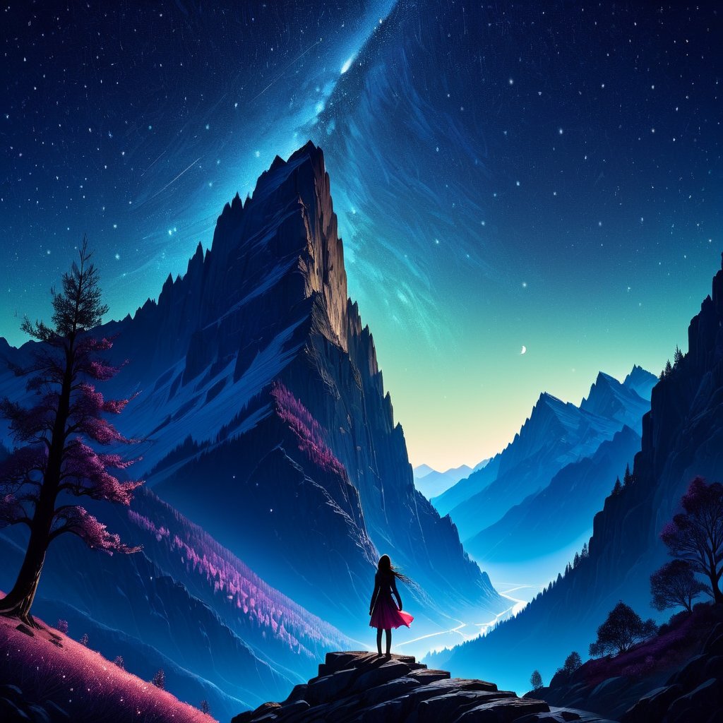 1girl, solo, standing, outdoors, sky, from behind, tree, night, moon, star \(sky\), night sky, scenery, starry sky, mountain, fantasy, very wide shot,d1p5comp_style