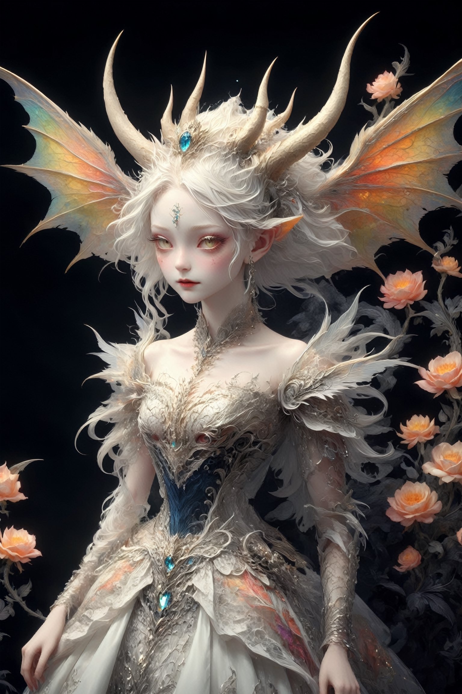 Ultra Realistic,
1 girl, (masterful), albino demon fairy, dark magic, Devil soul, Jinn, Demon, divine, clean skin, particles of lighting, multi color lighting fairy, (demon horns:1.2), highly detailed eyes,
In her elegant attire, the albino demon girl embodies an enchanting blend of dark allure and Rococo refinement,meticulously crafted with cascading layers of lace, features a corseted bodice that accentuates her slender waist. Delicate silver embroidery adorns the edges of the gown, tracing ethereal patterns reminiscent of dragon scales.

The off-the-shoulder sleeves, Each sleeve is intricately detailed with feather-light lacework, resembling the delicate wings of a dragon,
Completing her look, the albino demon girl wears a silver tiara adorned with small dragon-shaped motifs,
A motley and decadent nightclub background,
, ,lis4,cutegirlmix,Christmas Fantasy World,renny the insta girl,Decora_SWstyle,DragonConfetti2024_XL