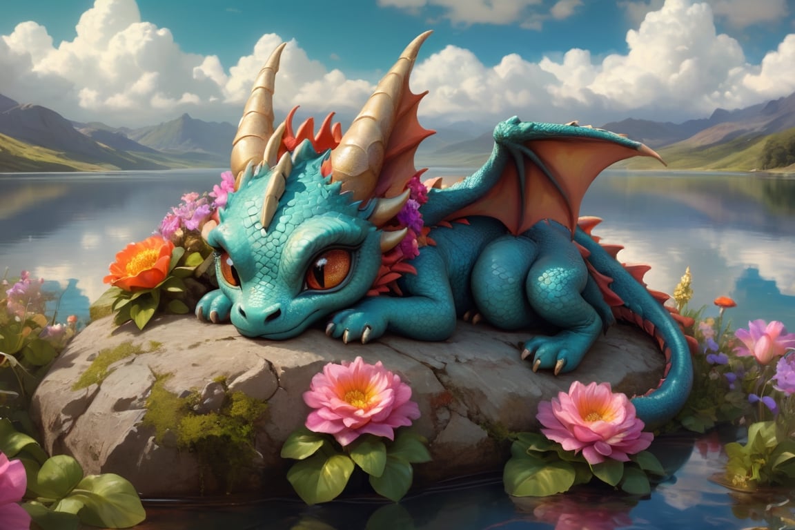 Portrait of an adorable mythical beautiful baby dragon, large eyed dragon sleeping next to a lake, curled up sleeping adorably, vibrant flowers, clouds, anime, maximalist fantasy background, gorgeous eyes, hyper detailed eyes, 3d, deviantart, a masterpiece, deep depth of field, Craig Mullins, perfect composition, intricate motifs, Edwin Landseer