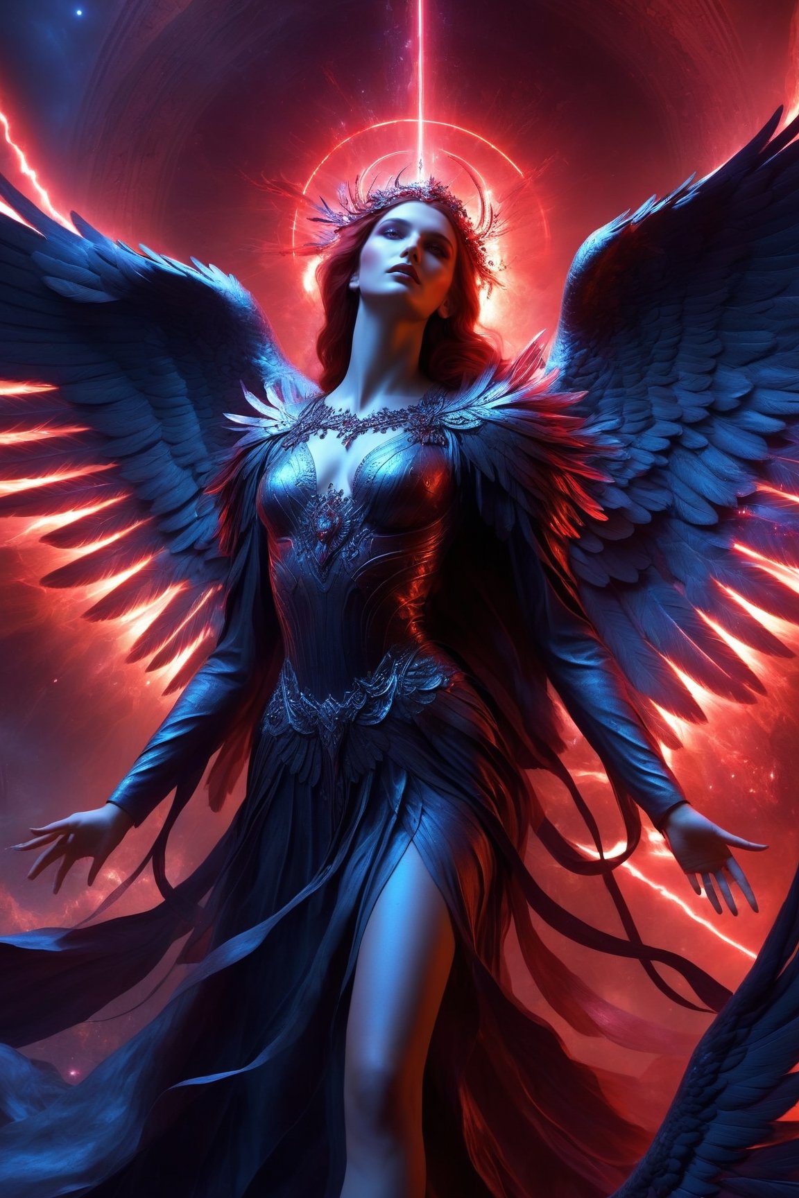 create fallen archangel,detailed angel wins, bloodlust, red glowy eyes, eerie, creepy, nightmarish, very bright colors, light particles, wallpaper art, cosmic energy,high detailed,Decora_SWstyle