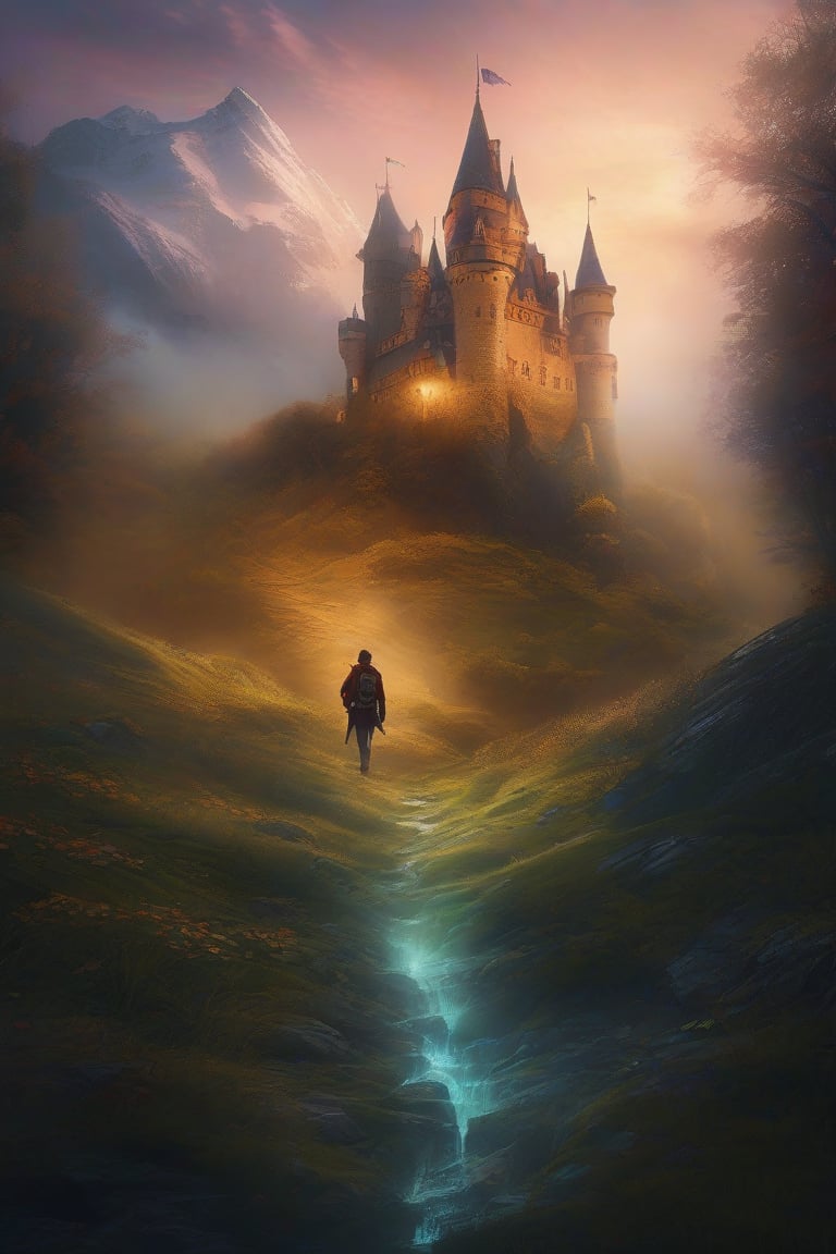 poster featuring the (((title words reading "the castle in the fog" in large fantastical typography))), on a digital illustration featuring two characters sneaking into a castle with a touch of horror. Background and setting that suggests a story beyond the ordinary. Hair and face details, atmospheric, perspective and depth, dynamic composition with a sense of movement. Semi-realistic stylized realism enhanced with artistic flairs. Narrative mystery, an otherworldly atmosphere, mystical and enigmatic with a blend of surrealism and sci-fi and fantasy. Flowing, ethereal. Soft lines, dreamy textures, Strategic use of glowing elements to highlight areas, adding depth and focus.