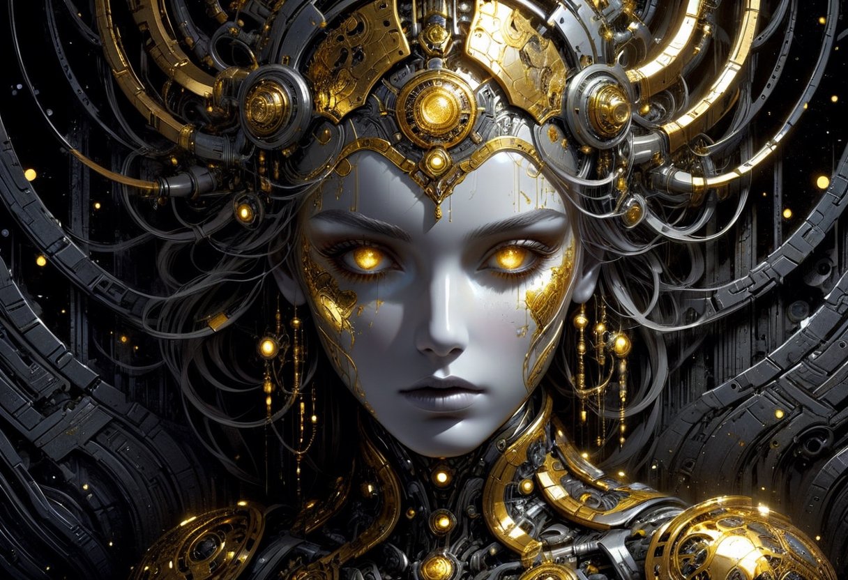 A beautifully decayed android, her once-shining metallic body now covered in rusted patterns of gold and silver. In her eyes, a mix of sorrow and resilience glows with an ethereal light. This piece is a digital painting, showcasing intricate details and vibrant colors. Each pixel seems to tell a story, blending vintage aesthetics with futuristic elements. The overall atmosphere is haunting yet strangely alluring, evoking a sense of longing and nostalgia in the viewer.

,DissolveSdxl0