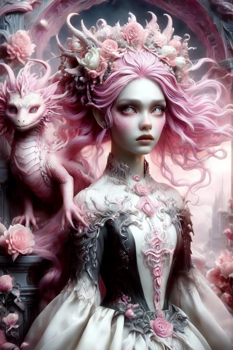 Porcelainwoman with, pink hair with braids, lots of flowers on her head, white skin with heavy makeup extremely ghostly white, scales on her cheekbones, pale psychedelic background, soft, dreamlike, surrealism, intricate details, 3D rendering, octane rendering. Nicoletta Ceccoli style. Decora_SWstyle,PetDragon2024xl