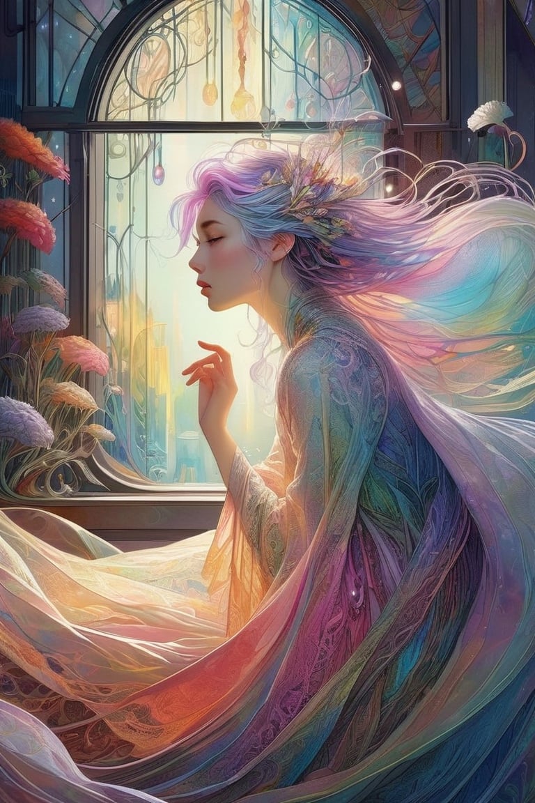 ((Beautiful woman with glass skin and prismatic hair lays in a window nook dressed in a pretty softly colored rainbow lacy night gown)); highly detailed, dynamic lighting, dynamic pose, cozy bedroom in the background, intricate motifs, organic tracery, perfect composition, digital painting, artstation, concept art, smooth, sharp focus, illustration, Carne Griffiths, pixar, Victo ngai, Jean Baptiste Monge, shiny aura, flickering light, colorful, portrait, sunshine rays, close-up, realistic, watercolor, soft colors, sunshine, sunshine rays
