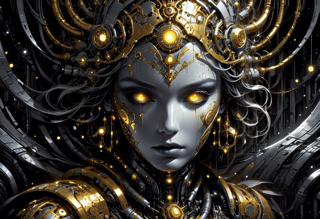 A beautifully decayed android, her once-shining metallic body now covered in rusted patterns of gold and silver. In her eyes, a mix of sorrow and resilience glows with an ethereal light. This piece is a digital painting, showcasing intricate details and vibrant colors. Each pixel seems to tell a story, blending vintage aesthetics with futuristic elements. The overall atmosphere is haunting yet strangely alluring, evoking a sense of longing and nostalgia in the viewer.

