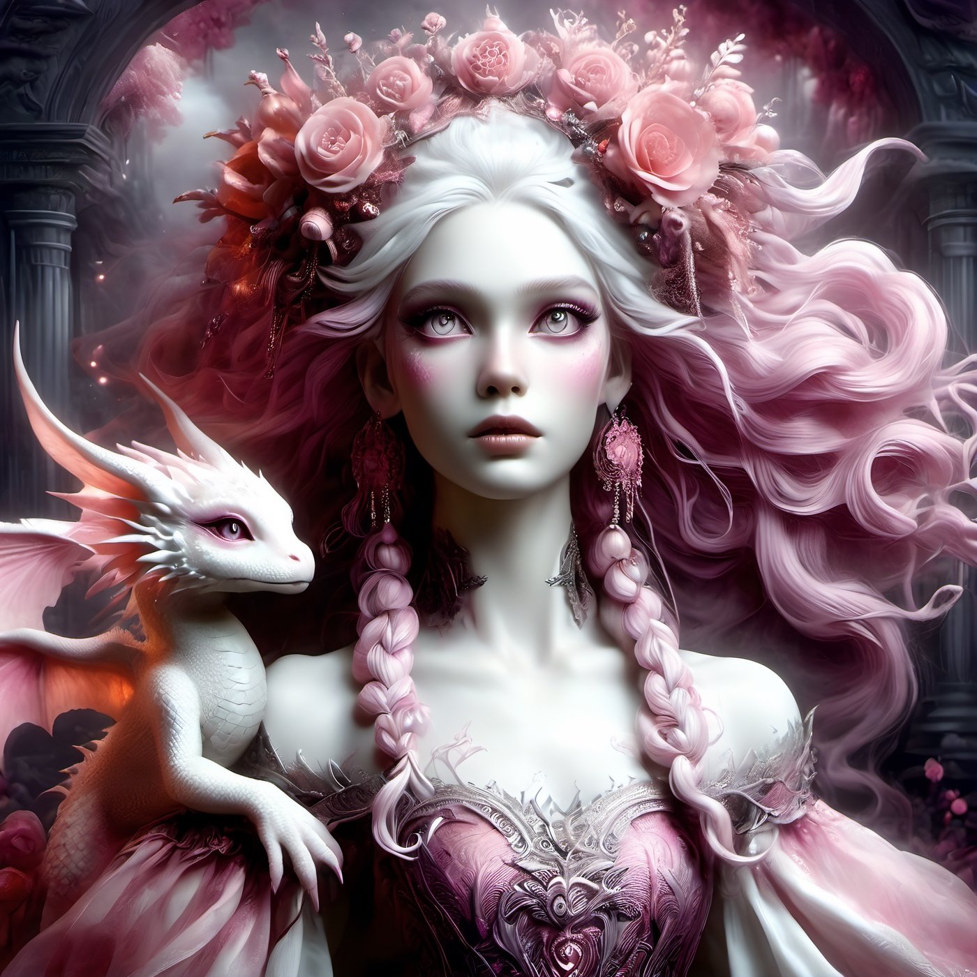 Porcelainwoman with, pink hair with braids, lots of flowers on her head, white skin with heavy makeup extremely ghostly white, scales on her cheekbones, psychedelic background, soft, dreamlike, surrealism, intricate details, 3D rendering, octane rendering. Nicoletta Ceccoli style. Decora_SWstyle,PetDragon2024xl