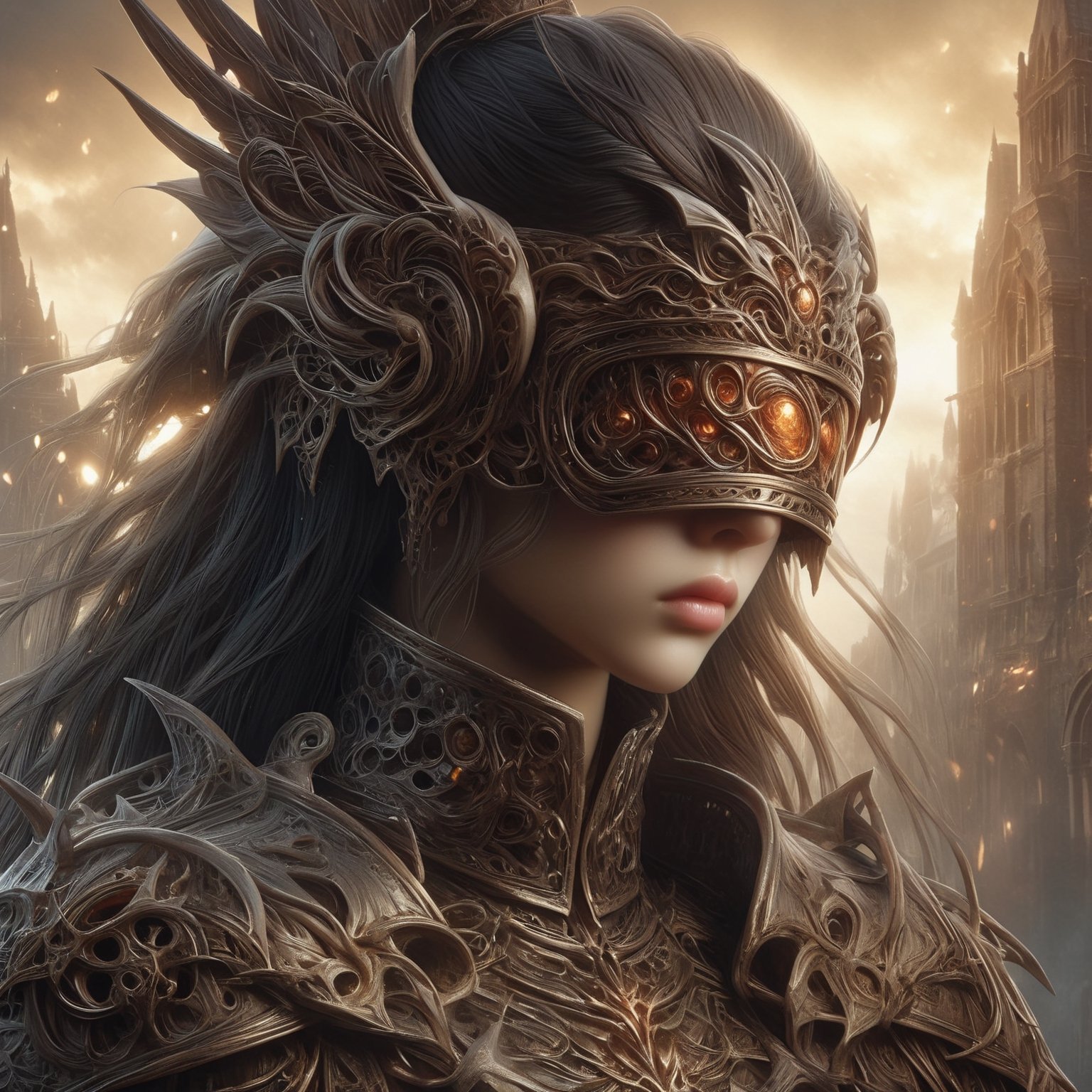 "Dark romance fantasy, close up of a woman wearing a bl1ndm5k over her face and dragon bone armor, standing above a wartorn city, an army looking up at her, embers", bones, ribcage style armor, eldritch, dracolich-like armor, Masterpiece, Intricate, Insanely Detailed, Art by lois van baarle, todd lockwood, chris rallis, anna dittmann, Kim Jung Gi, Gregory Crewdson, Yoji Shinkawa, Guy Denning, Textured!!!!, Chiaroscuro!!, actionpainting, best quality, masterpiece,DracolichXL24,art_booster,LegendDarkFantasy,ellafreya,renny the insta girl,real_booster,bl1ndm5k
