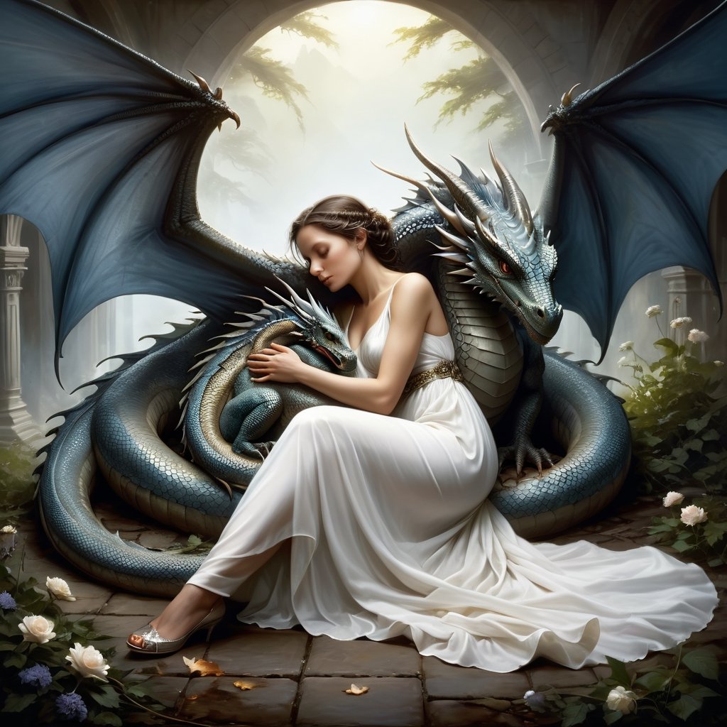 ""Dark romance fantasy, a draconic woman in a loose white dress is curled up laying on the ground hugging her knees in fetal-position, her own wings are wrapping around her body", pet dragon comforting her, loosely hugging holding small dragon,  elegant, melancholia, comfort, wings, horns, scales, Masterpiece, Intricate, Insanely Detailed, Art by todd lockwood, chris rallis, anna dittmann, Kim Jung Gi, Gregory Crewdson, Yoji Shinkawa, Guy Denning, Textured!!!!, Chiaroscuro!!, actionpainting", best quality, masterpiece,PetDragon2024xl
