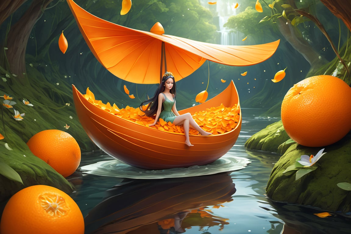 Fairycore, a fairy sitting inside an orange peel shaped to look like a ship, floating on a stream, real dream, artstation style illustration