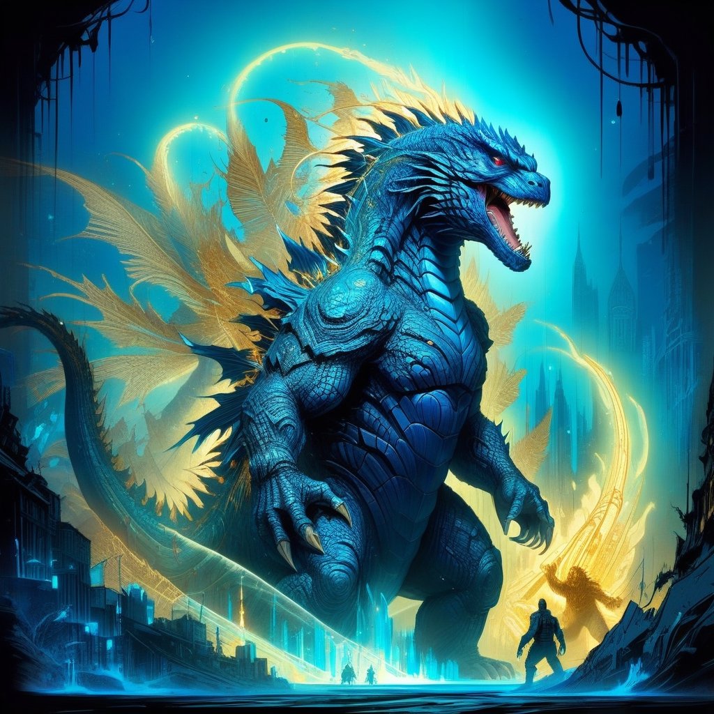 Godzilla minus one, glowing blue spinem black and golden outlines, atomic blue aura, highly detailed, intricate motifs, organic tracery, perfect composition, digital painting, artstation, concept art, smooth, sharp focus, illustration, Carne Griffiths, pixar, Victo ngai, Jean Baptiste Monge