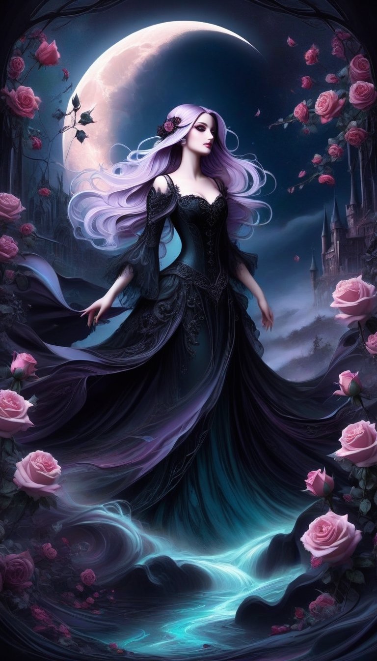 Gothic fairytale, paint flow, elegant, haloed by the moon, roses, swirling lines, Decora_SWstyle