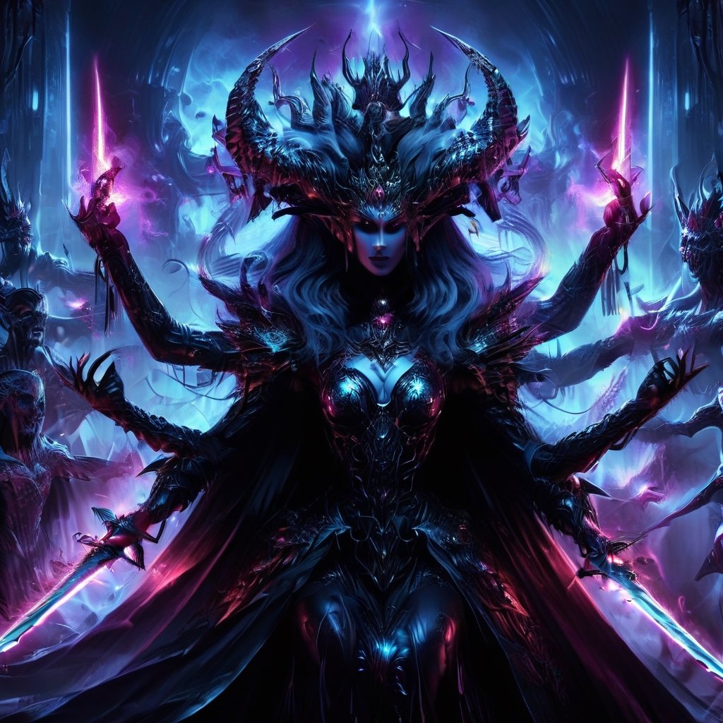 1girl Dark synth war deity, deified queen, empress, many arms, holding magic, holding swords, army of the dead behind her, epic, digital illustration painting, perfect composition