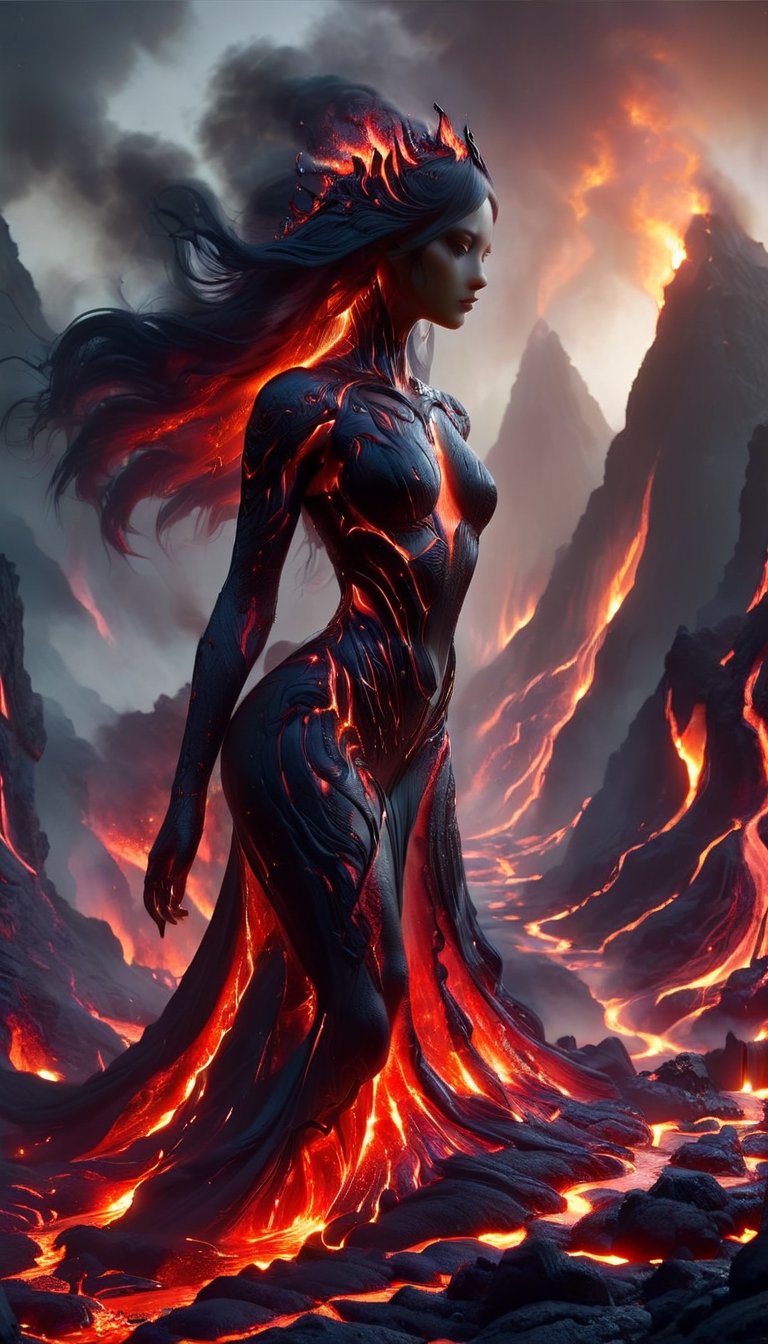 Dark fantasy surrealism :: ominous Inhuman Goddess made of molten lava :: cracks in the skin revealing a fiery glow, it looks rough and uneven, hard and brittle, her body is made of black rock with glowing red cracks :: her hair is like a stream of liquid lava, flowing down the back and dripping to the ground , molten_liquid_lava_hair dripping down :: she is crouching on a rocky surface, emerging from a volcanic eruption ::  rocky landscape with a fiery sky, lava flows and smoke, warm colors :: fiery and intense mood, dark and ominous mood :: lit from below, creating a sense of drama and intensity, illuminated by the fire and the smoke :: dynamic and powerful composition, imposing :: high level of detail, focus on the figure, background out of focus, epic dof :: fantasy art, gothic art, cgsociety :: lava and fire goddess made of black rock and flames,Decora_SWstyle,ral-lava,eyes shoot, ,niji style