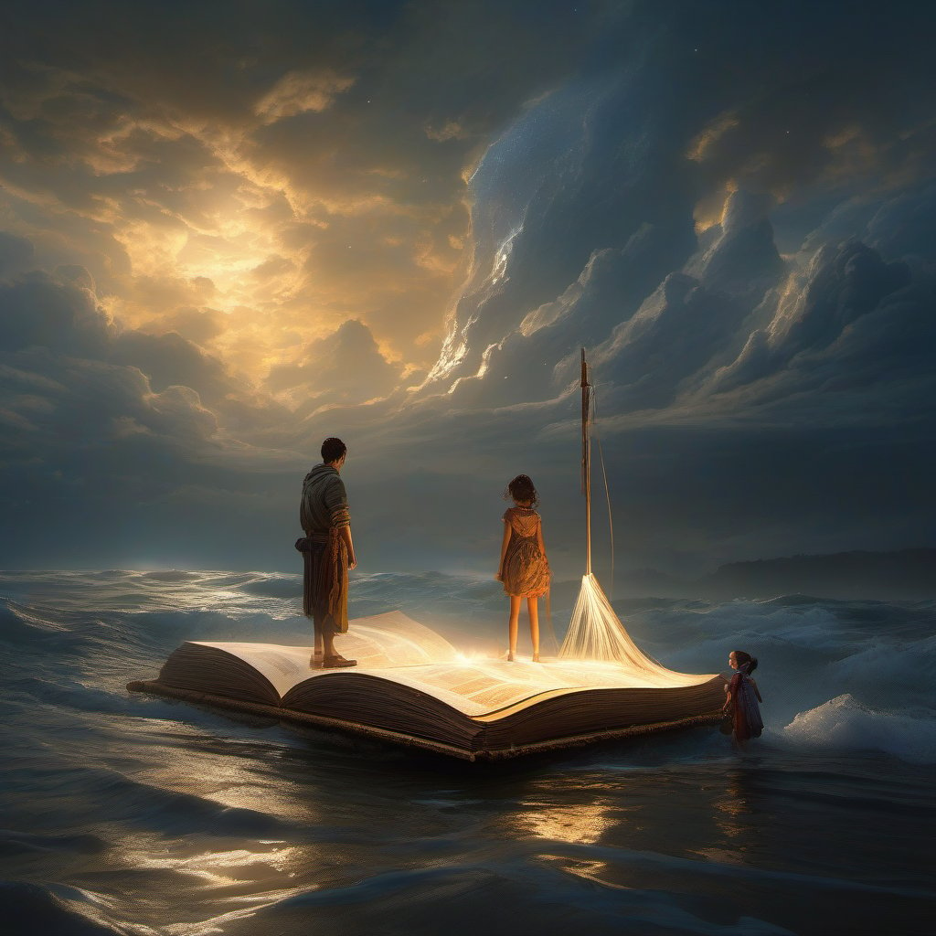 brother and sister standing on a ((((colossal open book used as a raft)))), using giant illuminated manuscript pages as sails, ocean waves. hyperdetailed, masterpiece, fantasycore, subtle humor, lifelike dreamlike surrealism, light particles flying around, detailed_seascape_background, hyperdetailed; by Kim Keever Antoine Collignon Wadim Kashin Tim Burton Peter Mohrbacher, realism; incredible composition; dynamic_lighting; meticulously composed concept art, fascinating_stars, masterpiece, mystic fog, digital illustration, Reflections, cell-shaded, Volumetric_lighting