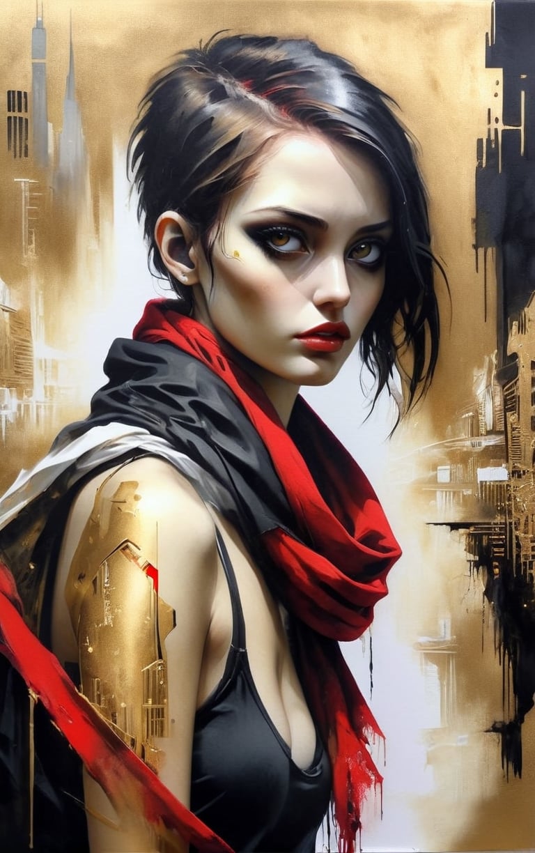 breathtaking portrait of a gorgeous cyberpunk girl, red scarf, hiding in a futuristic city, dark gold and black, gossamer fabrics, jagged edges, eye-catching detail, insanely intricate, vibrant light and shadow , beauty, paintings on panel, textured background, captivating, stencil art, style of oil painting, modern ink, watercolor , brush strokes, negative white space,Decora_SWstyle,art_booster