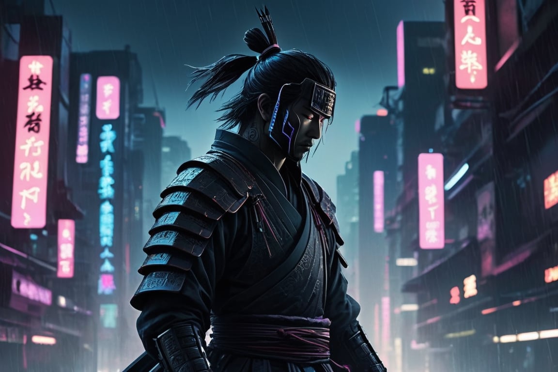 In the depths of a mythopoeic noir-inspired virtual realm, a brooding samurai with a mysterious past emerges, his dark silhouette emblazoned against a neon-lit cityscape. This awe-inspiring image, a digitally rendered painting, captures the gritty essence of a futuristic cyberpunk metropolis. The samurai's sleek armor glimmers with a metallic sheen, adorned with intricate runes that hint at hidden power. His stoic face is shadowed, yet piercing silver eyes glow with steely determination. As the rain cascades down, bouncing off his gloomy visage, the viewer is drawn into a mesmerizing world where myth and technology converge in captivating harmony.