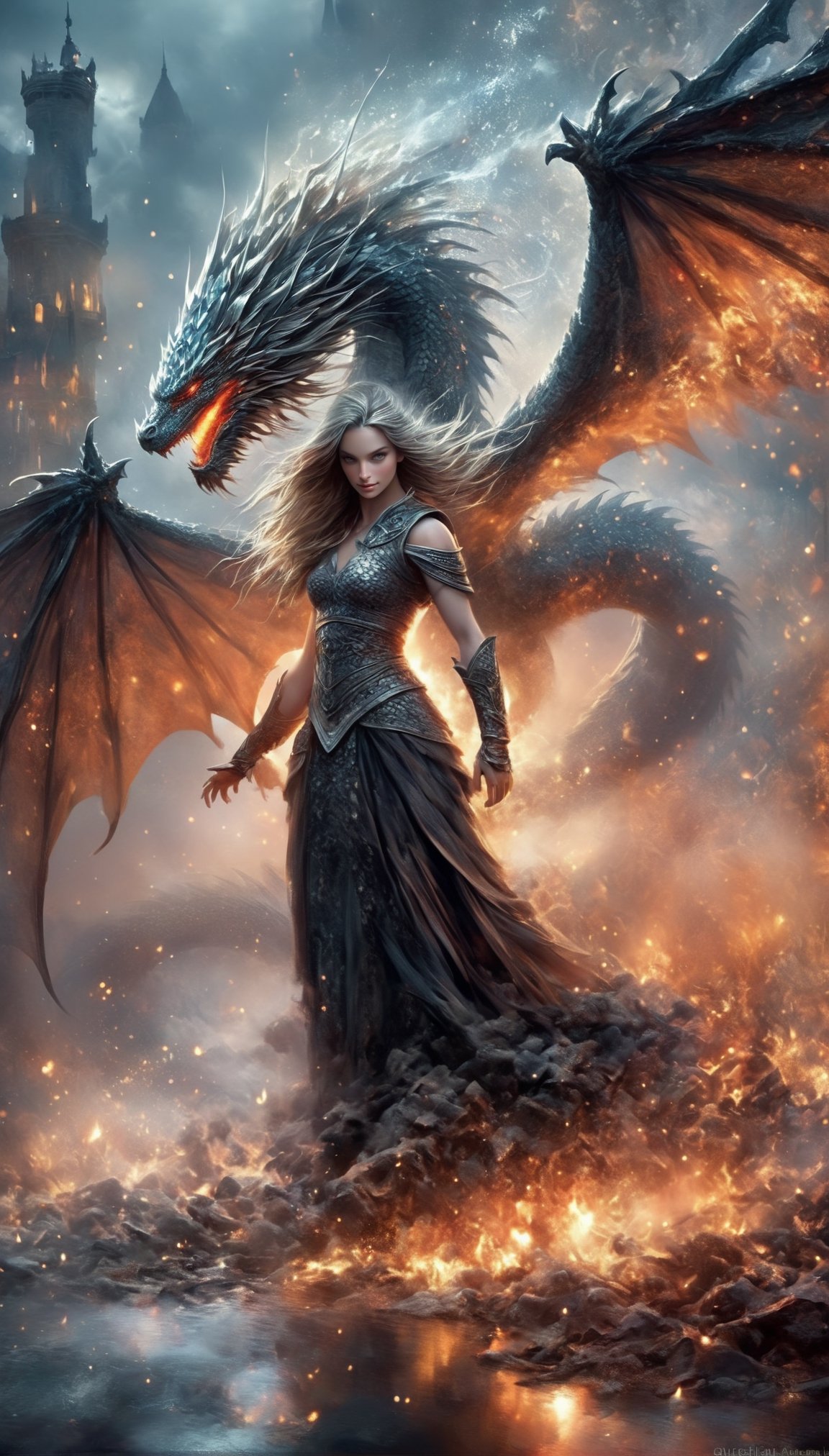 "Dark romance fantasy, ((a woman warrior poised in front of a glittering fire dragon that stands behind her)), standing above a battlefield, chaotic embers", fierce pose, walking through conquered rubble, dragonscales, sharp focus, fantasy armor, eldritch, draconic horned helm, Masterpiece, Intricate, Insanely Detailed, Art by lois van baarle, todd lockwood, chris rallis, anna dittmann, Kim Jung Gi, Gregory Crewdson, Yoji Shinkawa, Guy Denning, Textured!!!!, Chiaroscuro!!, actionpainting, best quality, action acene, masterpiece,LegendDarkFantasy,ellafreya,renny the insta girl,DragonConfetti2024_XL,greg rutkowski