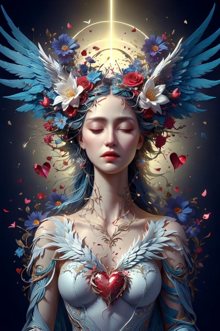 Hypermaximalist, digital illustration, complex composition, maximalist, intricate, a woman with wings and flowers in her hair, nekro xiii, luminous veins, artery, anthropomorphic female, lament, transhumanist, anatomically correct heart, artistic render, 3 d render of a full female body, broken hearted, anthropomorphic,more detail XL,DonMD3m0nXL ,oil paint ,Decora_SWstyle,DragonConfetti2024_XL,art_booster