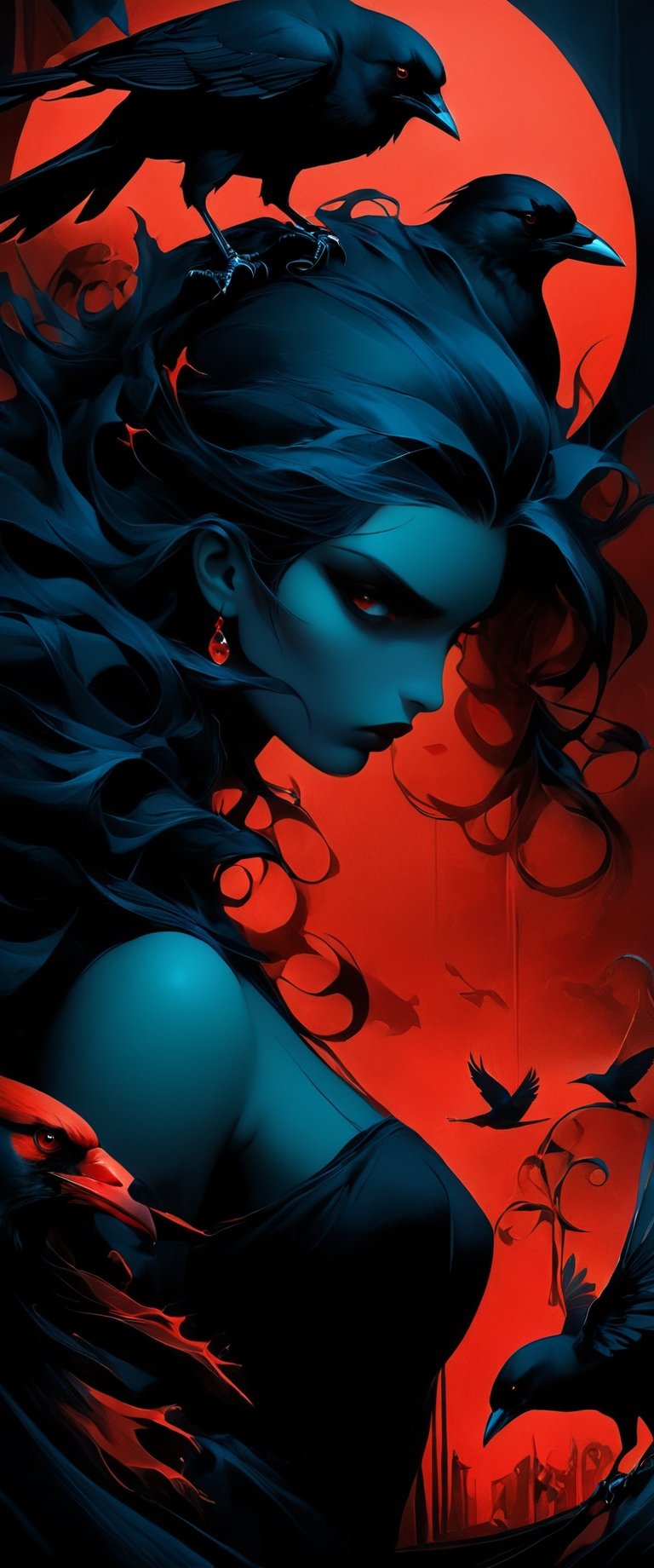 a woman standing in front of a full moon, digital art, Artstation, gothic art, crows as a symbol of death, artgerm and james jean, metal album cover art, 2d art cover, avatar image, joshua middleton comic art, light red and deep blue mood, beautiful depiction,anx13ty_style,twisted_thoughts,ct-niji2,renny the insta girl