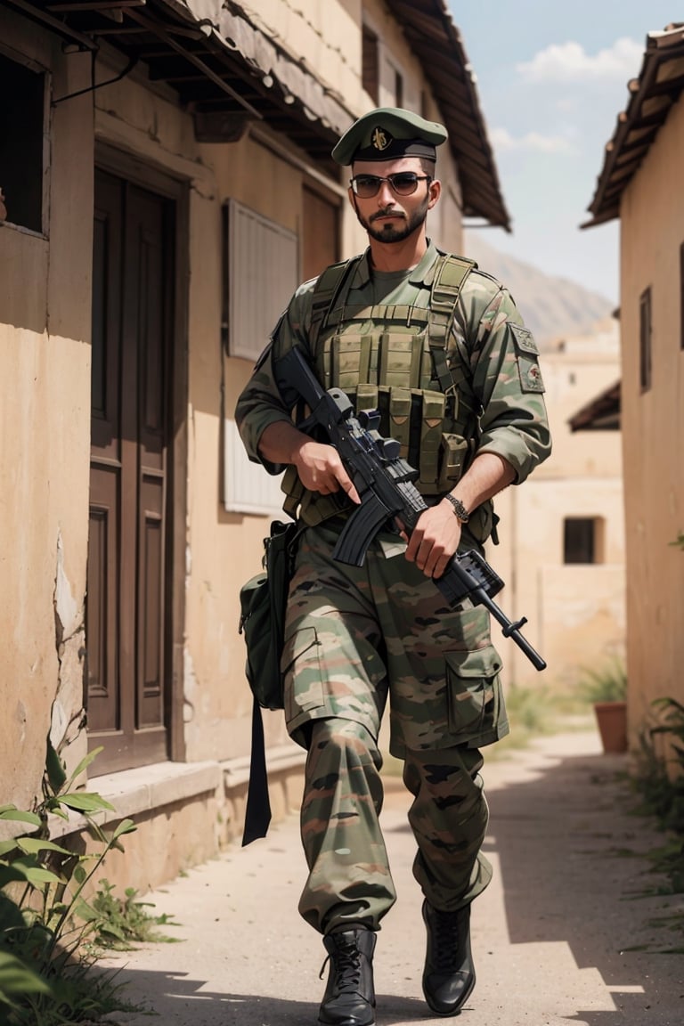 Fashion Show, style by Grimdark,a Pakistani soldier gripping his battle gun,a ghillie suit an Arabic villagebehind him ,hot,sun
