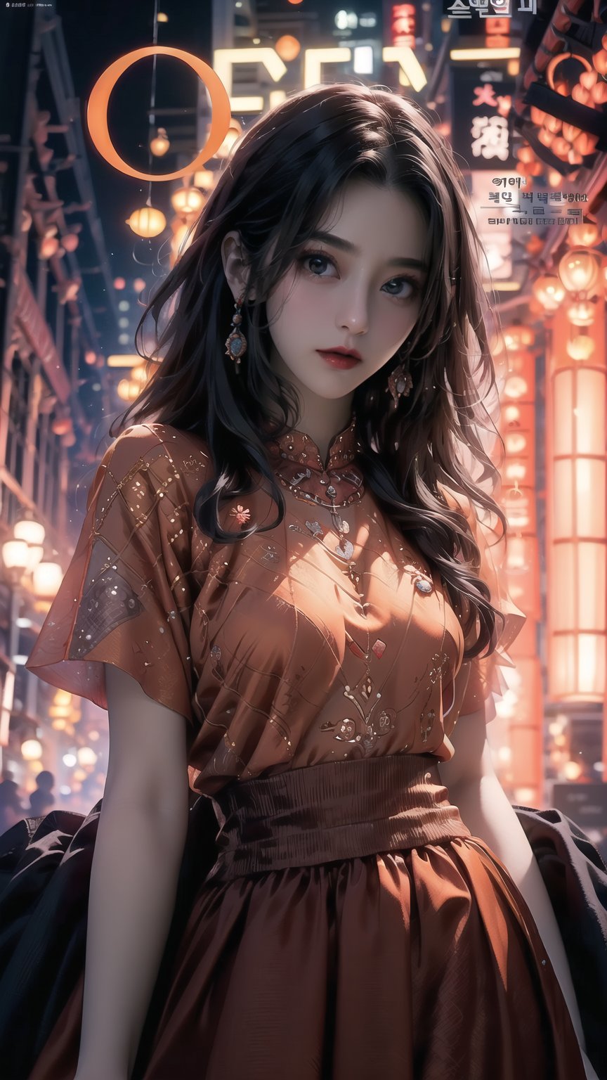 best quality, masterpiece, detailed, 16k, (color, colorful), (muted color, dim color), (noir), beautiful detailed face, beautiful detailed eyes, 8k, femalesolo, prefect body, prefect face, A korean cute girl, very fair skin tone, long white curly hair, red shiny lips((heavy lower lips)), ((luxurious orange top and red long skirt)), (magazine cover background), sweet smile, Detailedface,pastelbg,newspaper wall, ,magazine cover