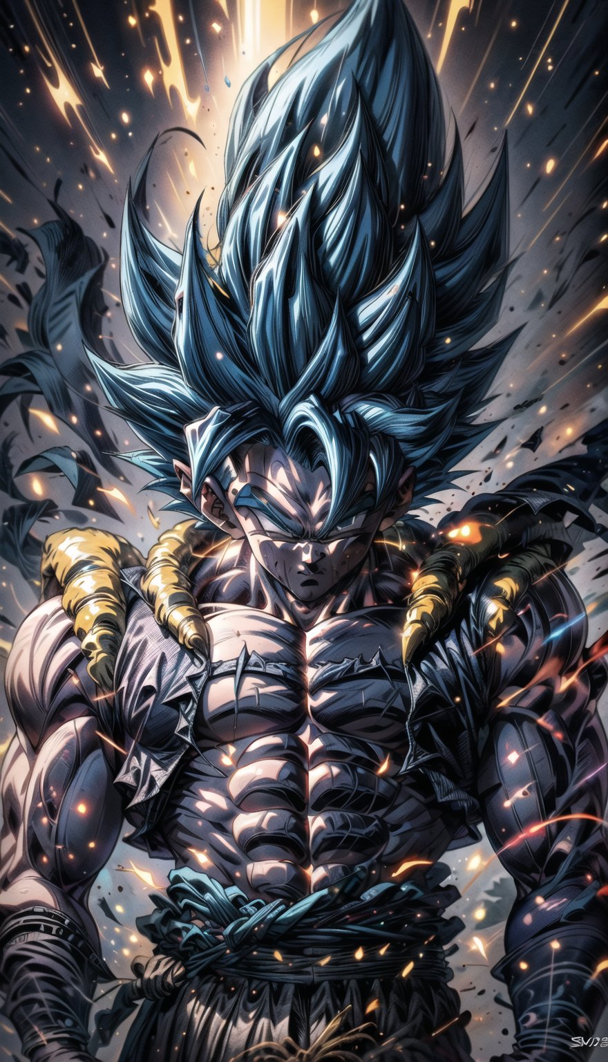 We can visualize the iconic character from the animated series Dragon Ball Z, Gogeta, in his super saiyan Blue transformation. (his extremely long, loose, blue hair:1.9). (very very long hair:1.9). (blue eyebrows, eyebrow blue:1.9). Blue eyes, with his characteristic suit. Flashes of light and electricity surround his entire body, a Blue glow. smiling, smug. His ki is immense and mystical. His look is wild. He is at the culmination of a great battle for the fate of planet Earth and you can see his wounded body. The image quality and details have to be worthy of one of the most famous characters in all of anime history and honor him as he deserves. which reflects the design style and details of the great Akira Toriyama. 



PNG image format, sharp lines and borders, solid blocks of colors, over 300ppp dots per inch, 32k ultra high definition, 530MP, Fujifilm XT3, cinematographic, (photorealistic:1.6), 4D, High definition RAW color professional photos, photo, masterpiece, realistic, ProRAW, realism, photorealism, high contrast, digital art trending on Artstation ultra high definition detailed realistic, detailed, skin texture, hyper detailed, realistic skin texture, facial features, armature, best quality, ultra high res, high resolution, detailed, raw photo, sharp re, lens rich colors hyper realistic lifelike texture dramatic lighting unrealengine trending, ultra sharp, pictorial technique, (sharpness, definition and photographic precision), (contrast, depth and harmonious light details), (features, proportions, colors and textures at their highest degree of realism), (blur background, clean and uncluttered visual aesthetics, sense of depth and dimension, professional and polished look of the image), work of beauty and complexity. perfectly symmetrical body.
(aesthetic + beautiful + harmonic:1.5), (ultra detailed face, ultra detailed perfect eyes, ultra detailed mouth, ultra detailed body, ultra detailed perfect hands, ultra detailed clothes, ultra detailed background, ultra detailed scenery:1.5),



detail_master_XL:0.9,SDXLanime:0.8,LineAniRedmondV2-Lineart-LineAniAF:0.8,EpicAnimeDreamscapeXL:0.8,ManimeSDXL:0.8,Midjourney_Style_Special_Edition_0001:0.8,animeoutlineV4_16:0.8,perfect_light_colors:0.8,SAIYA,Super saiyan Blue,yuzu2:0.3,Gogeta_Blue