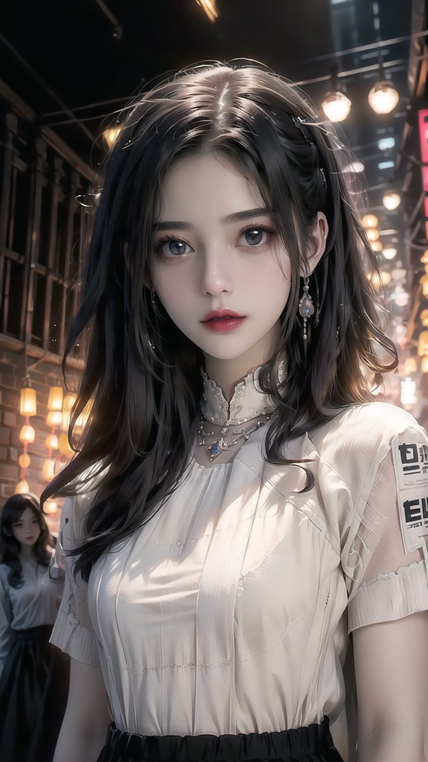best quality, masterpiece, detailed, 16k, (color, colorful), (muted color, dim color), (noir), beautiful detailed face, beautiful detailed eyes, 8k, femalesolo, prefect body, prefect face, A korean cute girl, very fair skin tone, ((long white curly hair)), red shiny lips((heavy lower lips)), ((luxurious yellow top and black long skirt)), (newspaper wall background), sweet smile, Detailedface,pastelbg,newspaper wall, ,magazine cover