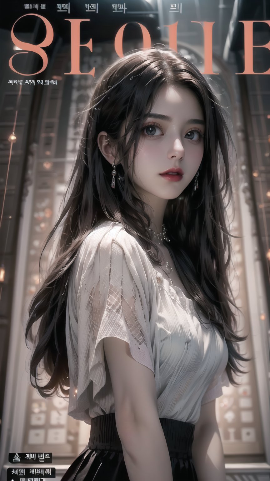 best quality, masterpiece, detailed, 16k, (color, colorful), (muted color, dim color), (noir), beautiful detailed face, beautiful detailed eyes, 8k, femalesolo, prefect body, prefect face, A korean cute girl, very fair skin tone, ((long white curly hair)), red shiny lips((heavy lower lips)), ((luxurious brown top and black long skirt)), (magazine cover background), sweet smile, Detailedface,pastelbg,newspaper wall, ,magazine cover,upper_body