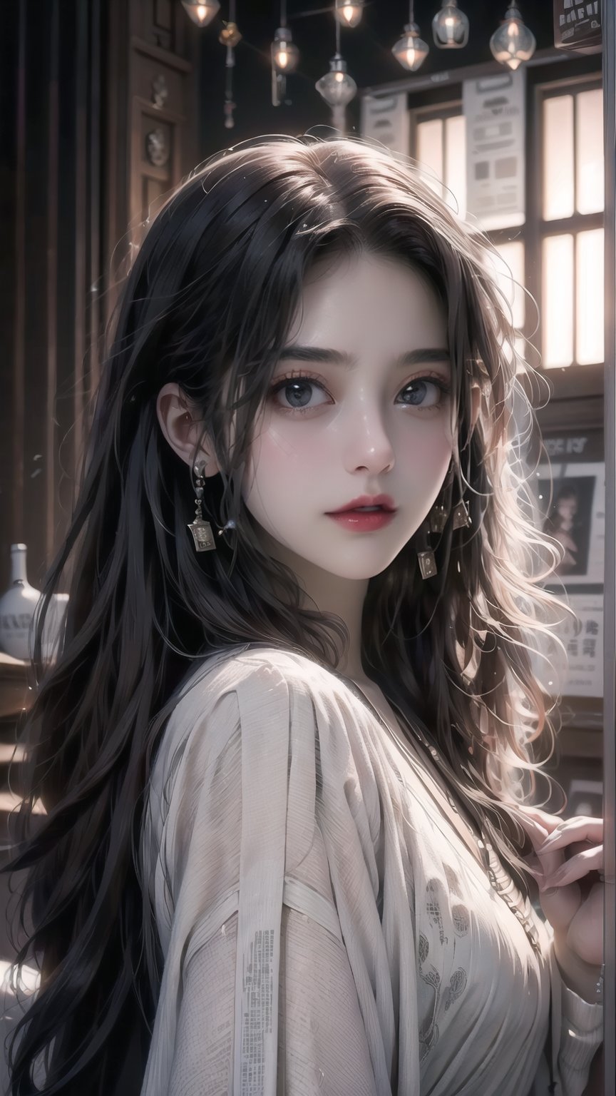 best quality, masterpiece, detailed, 16k, (color, colorful), (muted color, dim color), (noir), beautiful detailed face, beautiful detailed eyes, 8k, femalesolo, prefect body, prefect face, A korean cute girl, very fair skin tone, ((long white curly hair)), red shiny lips((heavy lower lips)), ((luxurious brown top and black long skirt)), (newspaper wall background), sweet smile, Detailedface,pastelbg,newspaper wall, ,magazine cover,full_body