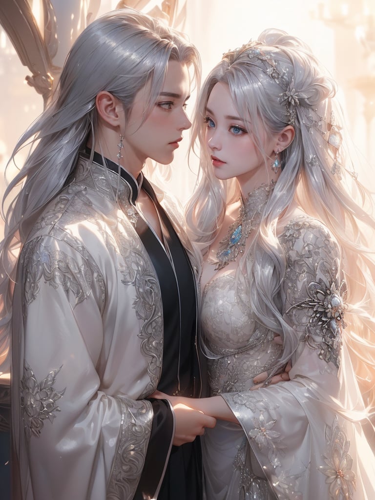 1BOY+1GIRL, (((MALE-FEMALE_COUPLE:1.5))) Insanely cinematic filigree  photography of a mystic pale couple, Gorgeous, silver ornated fantasy robe, noble dresses with silver jewels, detailed (LONG_WHITE_HAIR_male-female_couple:1.5), hyperdetailed perfect face, long white_hair, (((detailed PERFECT SYMMETRICAL EYES, GORGEOUS_PERFECE_EYES, Seductive_gaze:1.3))) , ((silver_ornated_whit_fantasy_robe:1.5) (((SILVER_concept:1.2))) intricate and hyperdetailed painting by Huang Guangjian Eve Ventrue Simon Goinard Ismail Inceoglu Dan Witz CGSociety ZBrush Central fantasy art album cover art 4K 64 megapixels 32K resolution HDR perfect, beauty, FANTASY CONCEPT ART:: Gorgeous picture, pale male, noble LORD, SILVER CONCEPT, detailed, hyperintricately, wondeful, breathtaking  lashes hyperdetailed painting by Ismail Inceoglu Huang Guangjian and Dan Witz CGSociety ZBrush Central fantasy art album cover art 4K 64 megapixels 8K resolution HDR, , Magical ambience, 32k resolution concept art by Greg Rutkowski, Artgerm, WLOP, Huang Guangjian, Bella Kotaki, Anna Dittmann,outfit-km, hand on another's shoulder,,clothes lift