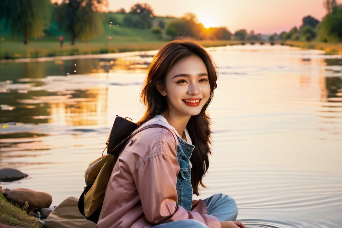 On a twilight afternoon, as the sun slowly sets, a pretty girl, smiling, clean teeth, with a radio,listening to the radio, near the river, washing her clothes using the river water.