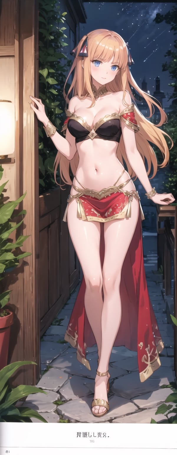 masterpiece, illustration, semi-anime, best detailed, Clear picture, 8K,  beautiful face, looking at viewer, (masterpiece, high quality:1.2),

short skirt, navel, small_breasts, narrow waist, garden, lustrous skin, cleavage, happy, sexy, long hair, full body, slim legs, long leg, blue eyes, mesmerizing, bare_shoulder, red Arabian belly dancer gown, nn1, blonde hair, legs_apart, night 