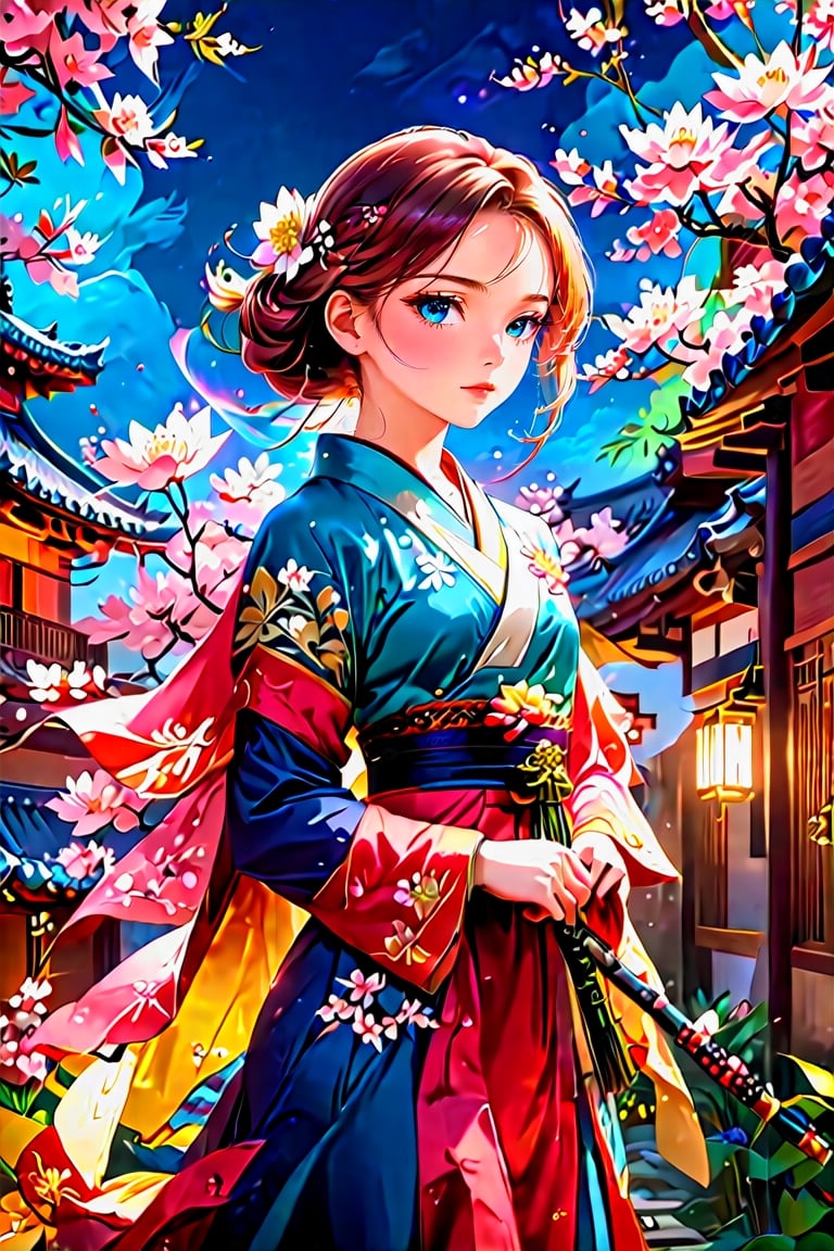 (8K, original, highest quality, famous photo: 1.2), (current, real photo: 1.3), ((3D lighting, aura)), Blue eyes, 1girl, holding, weapon, female focus, cherry blossom hanbok, flower bouquet, shoulder cloak, sheath, cherry blossom, spring, bamboo, lotus flower, architecture, East Asian architecture, Joseon tile house