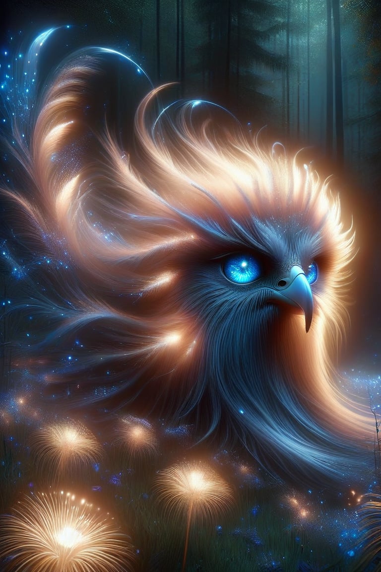 
A lonely eagle flies majestically above the starry night sky, its beak shining with a soft, ethereal light. The surrounding lawn glows with the soft light of fireflies, and nearby trees cast long shadows on the ground. The blue theme continues with a lonely flower blooming in the darkness in the distance. The eagle's piercing blue eyes seem to have a deep connection to the celestial canvas above.
