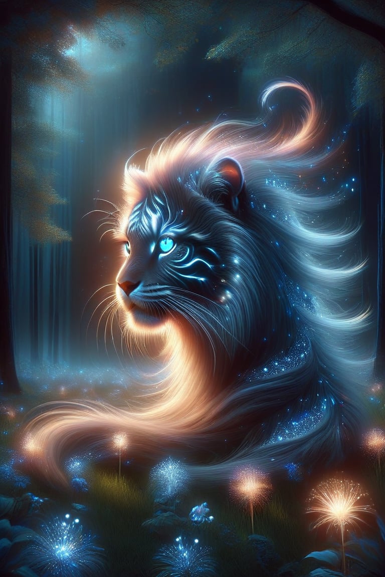 A lone tiger stands majestically under the starry night sky, one of its horns shining with a soft, ethereal light. The surrounding lawn glows with the soft light of fireflies, and nearby trees cast long shadows on the ground. The blue theme continues with a lonely flower blooming in the darkness in the distance. The tiger's piercing blue eyes seem to have a deep connection to the celestial canvas above.