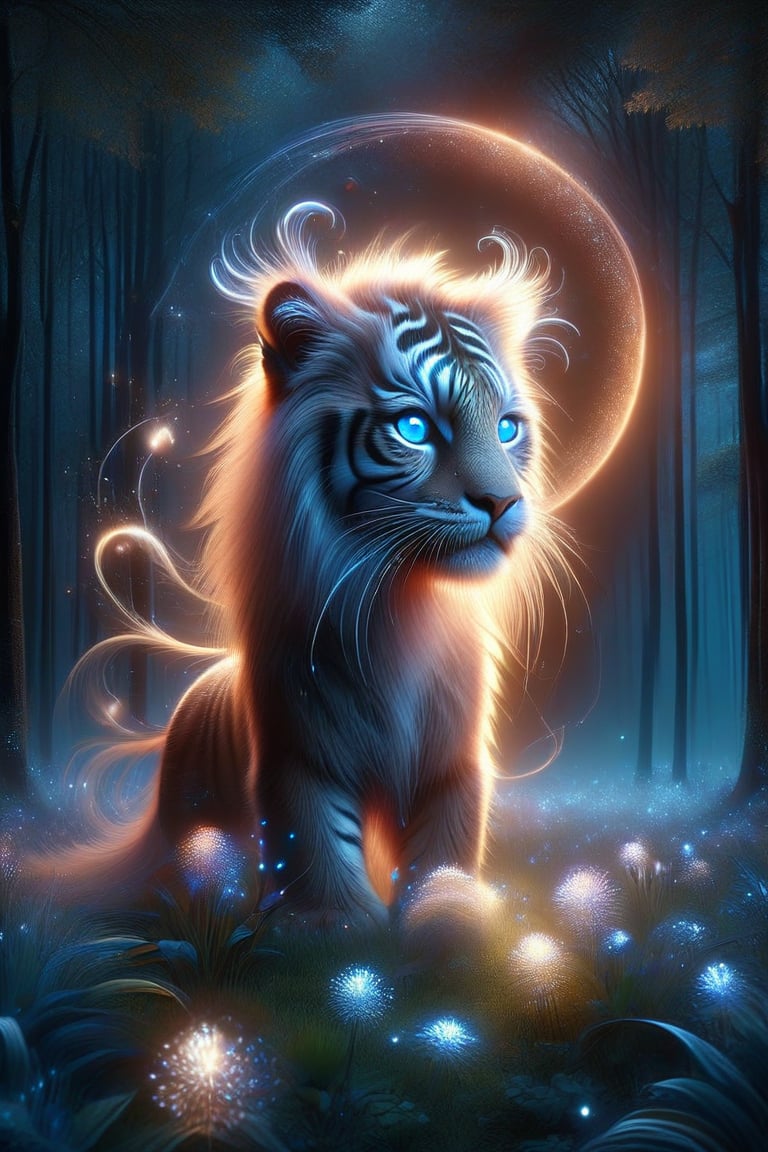 A lone tiger stands majestically under the starry night sky, one of its horns shining with a soft, ethereal light. The surrounding lawn glows with the soft light of fireflies, and nearby trees cast long shadows on the ground. The blue theme continues with a lonely flower blooming in the darkness in the distance. The tiger's piercing blue eyes seem to have a deep connection to the celestial canvas above.