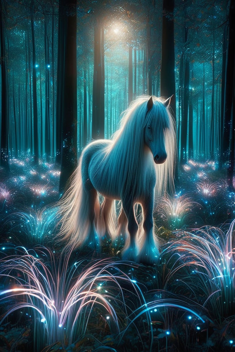 A mystical scene unfolds under the starry night sky. A majestic unicorn, its coat aglow with a soft, ethereal light, stands amidst a lush meadow of emerald grass. Tall trees, their branches silhouetted against the celestial canvas, provide a sense of depth and mystery. The unicorn's wings, delicate and feathery, spread wide as if ready to take flight, while the star-studded sky above serves as a breathtaking backdrop. In the distance, a gentle hill rolls out, disappearing into the darkness. Watermark-like, a subtle glow emanates from the unicorn's presence, infusing the atmosphere with an otherworldly essence.,neon,stworki,style