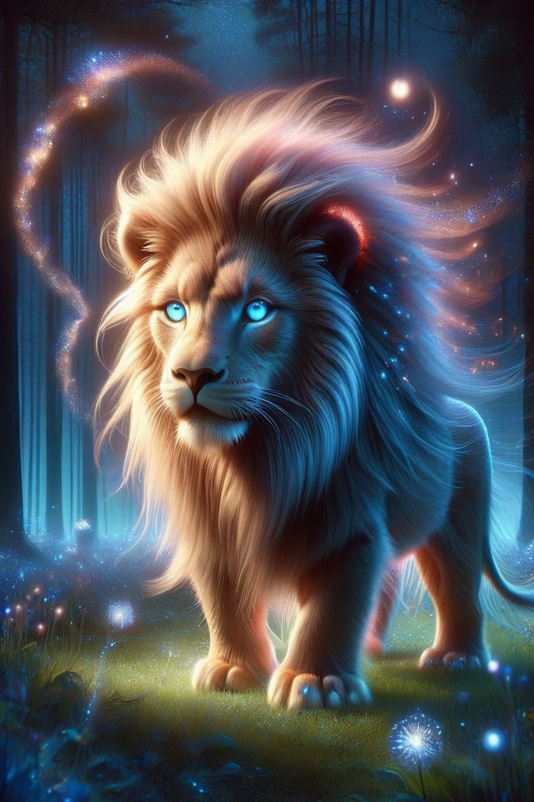 A lone male lion stands majestically under a starry night sky, one of his horns shining with a soft, ethereal light. The surrounding lawn glows with the soft light of fireflies, and nearby trees cast long shadows on the ground. The blue theme continues with a lonely flower blooming in the darkness in the distance. The male lion's piercing blue eyes seem to have a deep connection to the celestial canvas above.