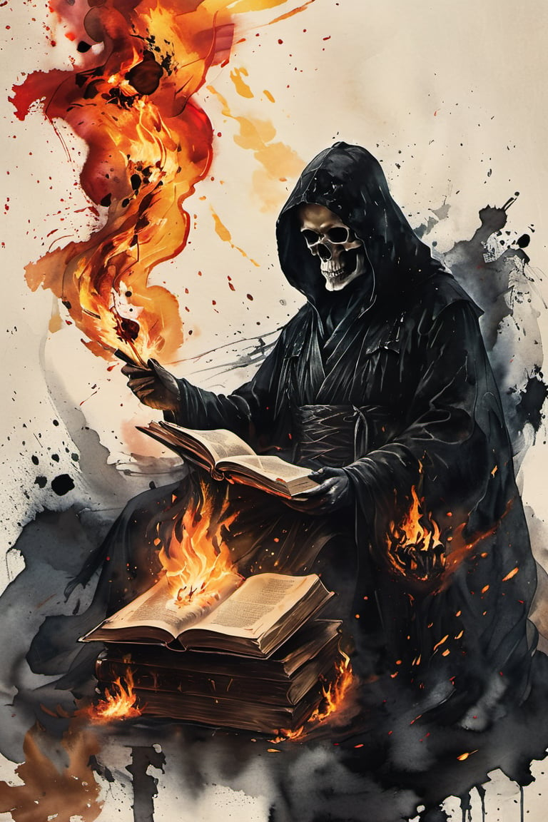 A darkened chamber, lit only by the flickering flames of a crackling fire. A figure sits, hood drawn over their face, surrounded by the shadows. Clad in a long, black robe, they hold an open book, illuminated by the fire's warm glow. The air is thick with mystery as they read from the ancient tome, a human skull nestled beside them like a macabre bookmark. 
Gray-scale
