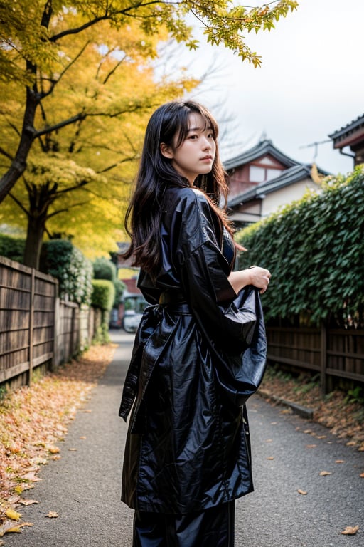 Black hair, 1girl, holding, standing, long hair, Japanese clothes, from the side, tree, leaf, moon, wind, hakama, maple leaves, maple leaf, falling leaves, hakama pants,