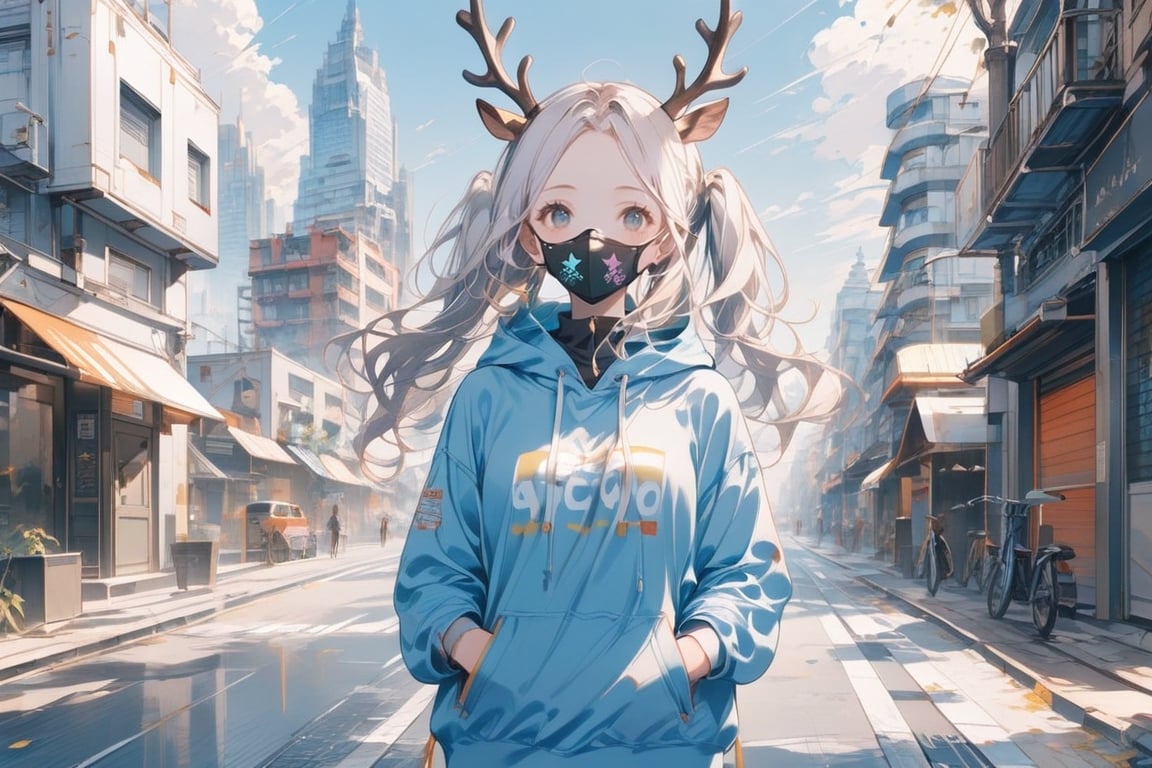 1girl, solo, long hair, looking at viewer, long sleeves, twintails, green eyes, standing, jacket, upper body, white hair, outdoors, horns, day, hood, hoodie, mask, hood down, building, clothes writing, forehead, city, hands in pockets, mouth mask, drawstring, road, antlers, street