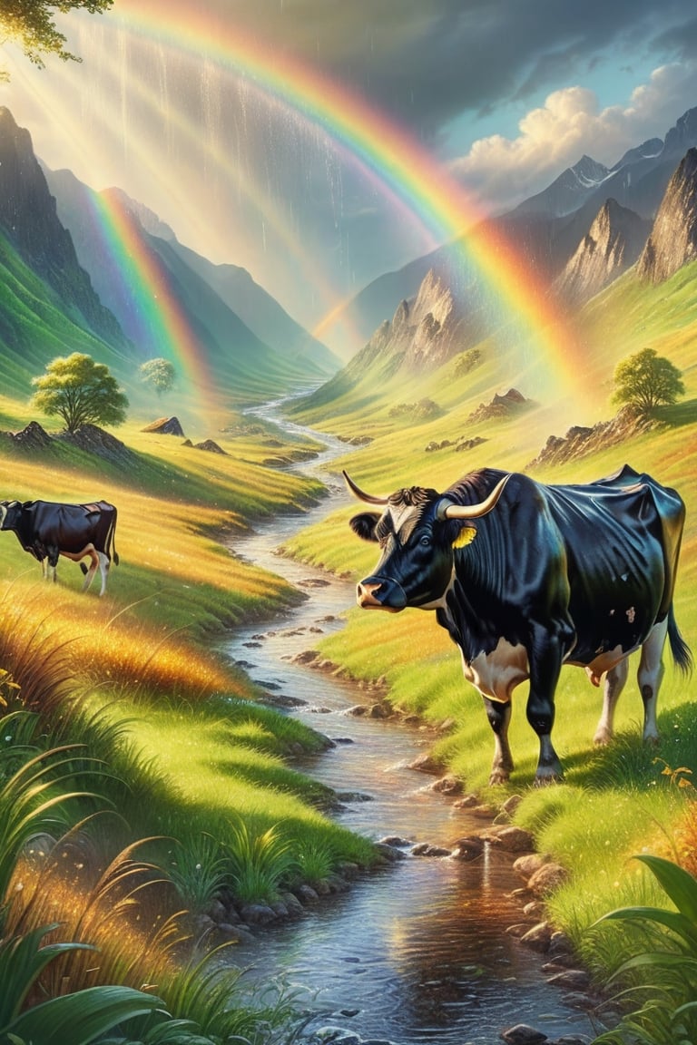 Hill with green grass, black cow, rain, mountain behind, afternoon, warm sunlight, beautiful gold dust, gold, silver, rainbow, stream water