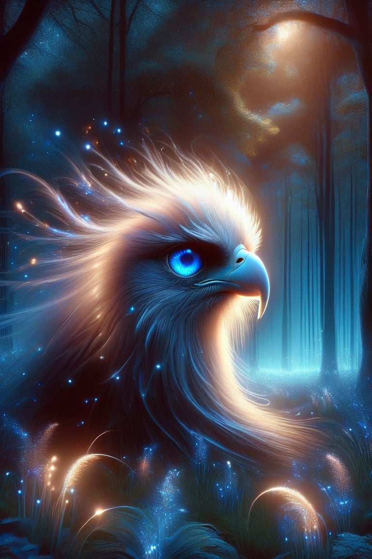 
A lonely eagle flies majestically above the starry night sky, its beak shining with a soft, ethereal light. The surrounding lawn glows with the soft light of fireflies, and nearby trees cast long shadows on the ground. The blue theme continues with a lonely flower blooming in the darkness in the distance. The eagle's piercing blue eyes seem to have a deep connection to the celestial canvas above.
