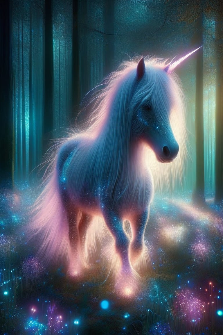 A mystical scene unfolds under the starry night sky. A majestic unicorn, its coat aglow with a soft, ethereal light, stands amidst a lush meadow of emerald grass. Tall trees, their branches silhouetted against the celestial canvas, provide a sense of depth and mystery. The unicorn's wings, delicate and feathery, spread wide as if ready to take flight, while the star-studded sky above serves as a breathtaking backdrop. In the distance, a gentle hill rolls out, disappearing into the darkness. Watermark-like, a subtle glow emanates from the unicorn's presence, infusing the atmosphere with an otherworldly essence.,neon,stworki,style,DonMW15pXL