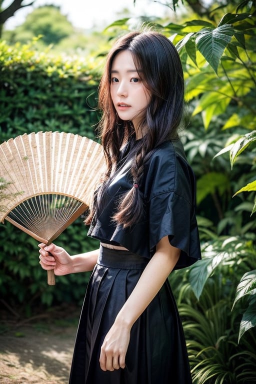 A serene scene unfolds: a lone girl, adorned in traditional Japanese attire and hakama pants, stands tall amidst the gentle rustle of leaves. Her long black hair flows behind her like a dark waterfall as she holds a delicate fan to shield herself from the soft breeze carrying the whispers of falling maple leaves. The moon casts an ethereal glow above, illuminating the tree's branches that seem to sway in harmony with her movements.